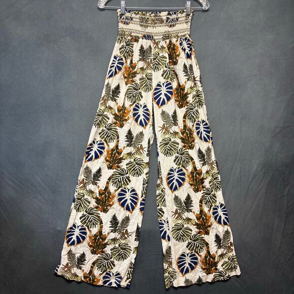 Dahui Hawaii Women's Linen Pants Yoga Wide Leg Smock Waist Comfy Beachy Damask - Picture 1 of 15